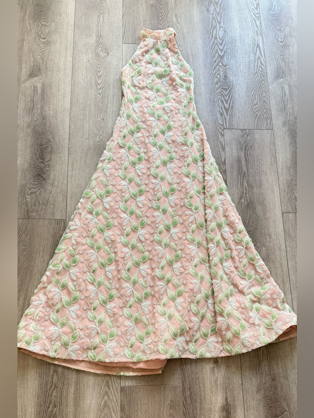 helsi marcella green & tan 3d floral pearl bead embellished halter maxi gown XS